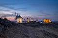 Windmills at the night in Consuegra town in Spain Royalty Free Stock Photo