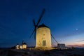Windmills at the night in Consuegra town in Spain Royalty Free Stock Photo