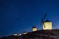 Windmills at the night in Consuegra town in Spain Royalty Free Stock Photo