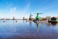 Windmills panorama in Zaanse Schans, traditional village, Netherlands, North Holland Royalty Free Stock Photo