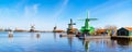 Windmills panorama in Zaanse Schans, traditional village, Netherlands, North Holland Royalty Free Stock Photo