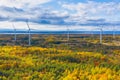 The Windmills park of Paldiski. Wind turbine farm near Baltic sea. Autumn landscape with windmills, orange forest and Royalty Free Stock Photo