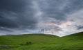 Windmills, rolling hills and ranch scene in Spring, California