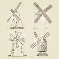 Windmills set vector silhouettes isolated on beige background Royalty Free Stock Photo