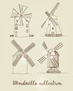 Windmills set vector silhouettes isolated on beige background Royalty Free Stock Photo