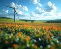 Windmills spin on a green field beneath the clear blue skies harnessing the power of the wind for renewable energy, composting and Royalty Free Stock Photo
