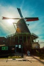 Windmills. Summer at Zaanse Schans. Authentic dutch landscape with old wind mills. Holland, Netherlands Royalty Free Stock Photo