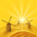 Windmills at sunset background. Royalty Free Stock Photo