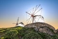 Windmills at sunset on Mykonos Island, Greece. Royalty Free Stock Photo