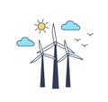 Windmills vector color linear illustration. Windturbine for electric power generation isolated clipart on white