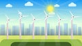 Windmills vector in an urban area on a sunny day. Natural power supply from windmills. Electricity production concept with Royalty Free Stock Photo