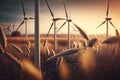 windmills in a wheat field with evening light. Ai generative