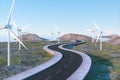 Windmills and winding road in the open, 3d rendering