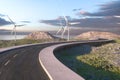 Windmills and winding road in the open, 3d rendering