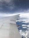 Window on airplane with blue dark sky and clouds Royalty Free Stock Photo