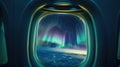 The window of an airplane a frame for the shimmering auroras in the night sky Royalty Free Stock Photo