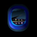 Window airplane icon view from the porthole, night runway