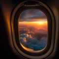 Window of an airplane with the view of clouds and sun, AI-generated.