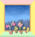 Window in apartment with cute flowers on the light green windowsill