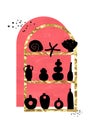 Window arch, shelves with antique vase dishes black silhouettes. Pink coral hand painted collage