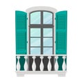 Window and Balcony Exterior with Marble Baluster Pillars, Wooden Green Shutters. Architecture Retro Decor, Construction