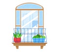Window balcony with plants in pots guardrail. Indoor gardening, houseplants in containers on wooden shelf vector