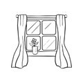 Window with beautiful curtains and indoor plant. Vector sketch doodle drawn by hand. Isolated Royalty Free Stock Photo