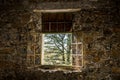 Window in Berengaria abandoned hotel in mountain region of Trodos, Cyprus Royalty Free Stock Photo