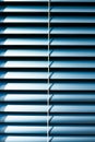 Window with blind made of wood and blue background. Generative AI Royalty Free Stock Photo