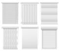 Window blinds. Horizontal, vertical closed and open jalousie. Darkening blind curtains, office room interior elements