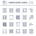 Window blinds, shades line icons. Various room darkening decoration, roller shutters, roman curtains, horizontal and Royalty Free Stock Photo