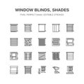 Window blinds, shades line icons. Various room darkening decoration, roller shutters, roman curtains, horizontal and