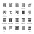Window blinds, shades vector glyph icons. Various room darkening decoration, roller shutters, roman curtains, horizontal