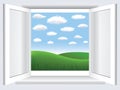 Window with blue sky, clouds and green hiil Royalty Free Stock Photo