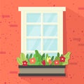Window, box with flowers. red wall. Vector flat Royalty Free Stock Photo