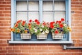 window boxes with blooming petunias against brick wall