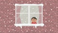 Window on a brick wall on snowy day. Little boy in the room is surprised, looking at the snow. View from the street side. Winter