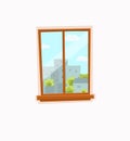 Window cartoon colorful vector illustration with valley summer sun landscape Royalty Free Stock Photo