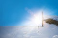 Window cleaner cleaning window with squeegee and wiper on a sunny day with a bright blue sky Royalty Free Stock Photo