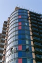 Window cleaners abseiling the building