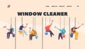 Window Cleaners Landing Page Template. Washers Male Characters in Uniform with Equipment Cleaning Building Glasses