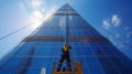 Window cleaners wash windows on a skyscraper in city Royalty Free Stock Photo