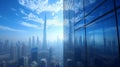 Window cleaners wash windows on a skyscraper in city Royalty Free Stock Photo