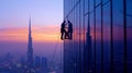 Window cleaners wash windows on a skyscraper in city Royalty Free Stock Photo