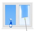 Window cleaning blue detergent spraying squeegee realistic vector illustration. Household laundered Royalty Free Stock Photo