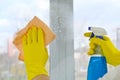 Window cleaning with a rag and detergent. Close-up. Cleaning concept Royalty Free Stock Photo
