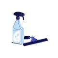 Window cleaning scraper, wet squeegee. Glass cleaner, wiper. Sprayer bottle of detergent. Housekeeping tool, housework Royalty Free Stock Photo