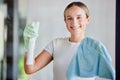 Window, cleaning service and woman in portrait with cloth cleaner product, spray bottle and gloves in home or office Royalty Free Stock Photo