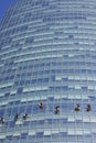 Window cleaning workers hanging outside blue glass office building. Risky job, dangerous work concepts