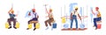 Window cleaning workers at work at height set, front, side and back views of alpinists Royalty Free Stock Photo